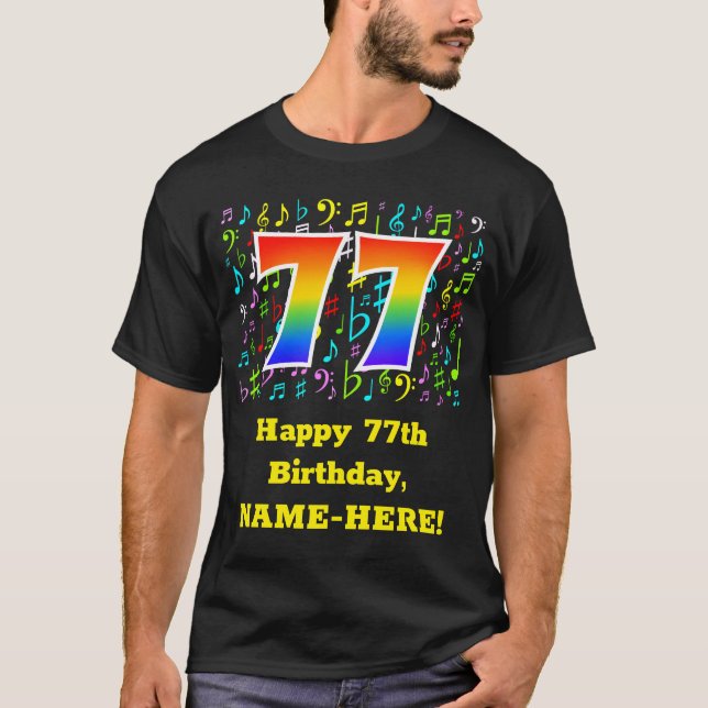 Camiseta 77.º Aniversário: Símbolos Musicais Coloridos, Rai (Frente)