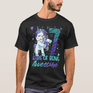 Camiseta 7 Aniversário de 7 Anos Menina Flageando Unicórnio