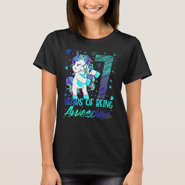 Camiseta 7 Aniversário de 7 Anos Menina Flageando Unicórnio (Frente)