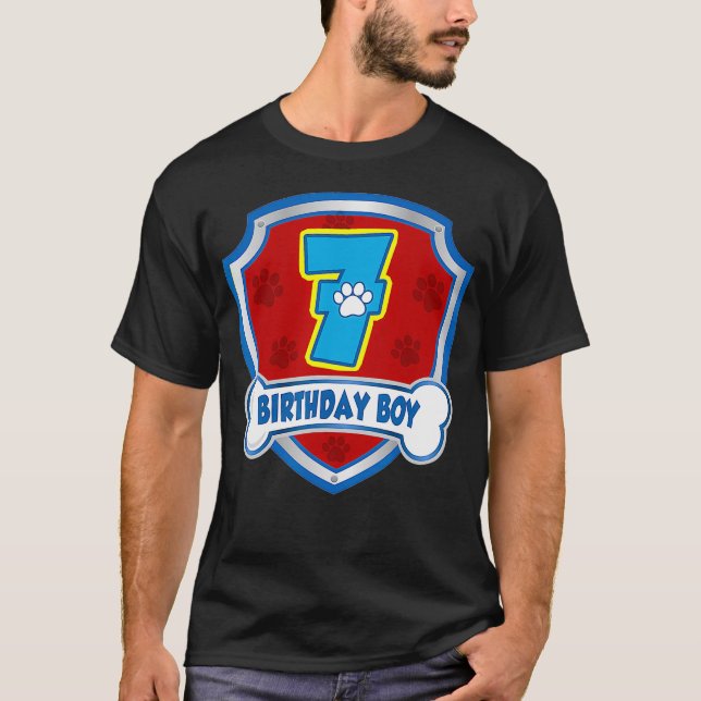 Camiseta 7 Birthday Boy 7 Anos De Idade Patrulha Cachorros  (Frente)