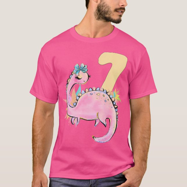 Camiseta 7 Birthday Girl Dinossaur Pink Dino Outdoor Outdoo (Frente)