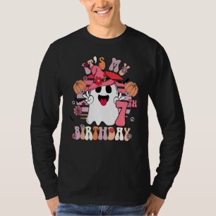Camiseta 7 Birthday Spooky Boo 7 Anos Antiga Groovy Retro 7