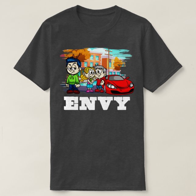 Camiseta 7 Cores Mortais Invejam Figurino de Halloween (Frente do Design)