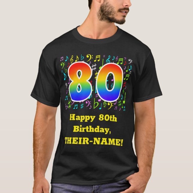 Camiseta 80 Aniversário: Símbolos Musicais Coloridos, Rainb (Frente)