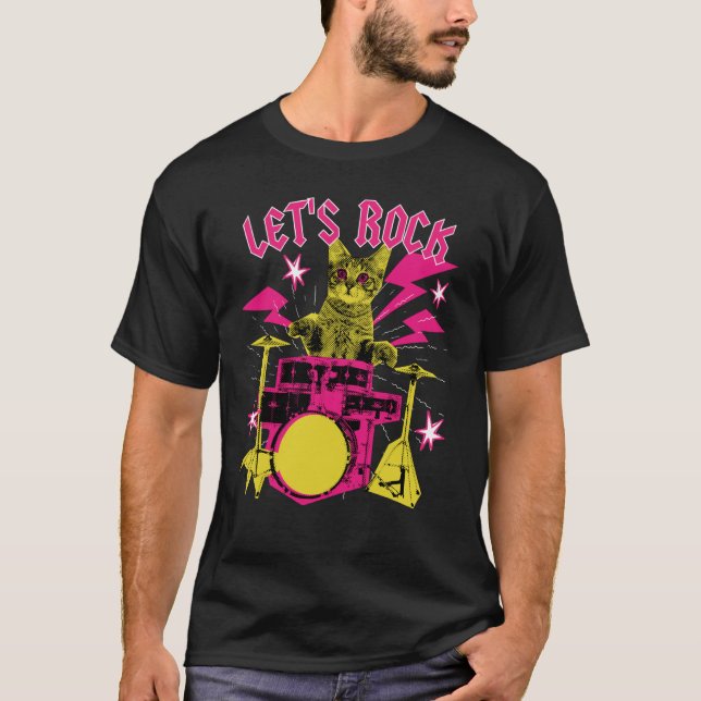 Camiseta 80s Rock N Roll Girl Cat Let's Rock (Frente)