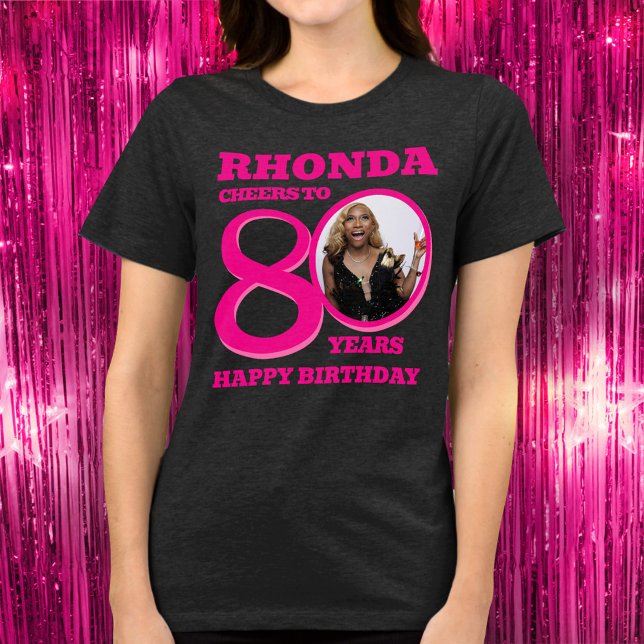 Camiseta 80th Birthday photo and name pink text (Criador carregado)