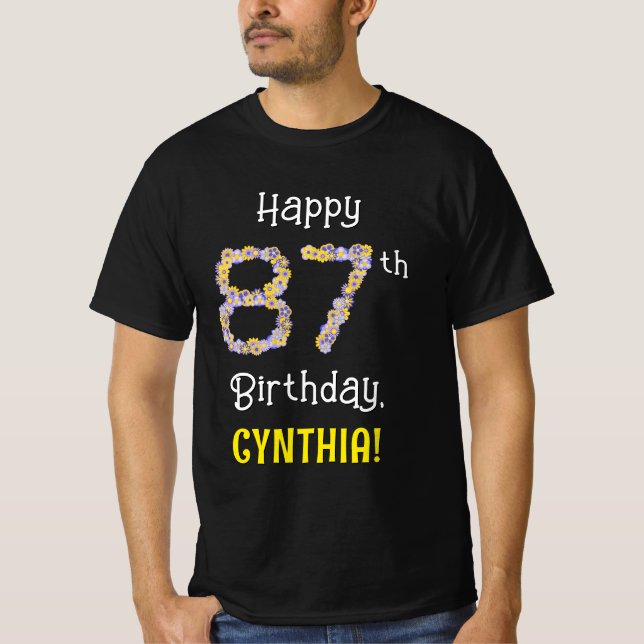 Camiseta 87.o aniversário: Flores Número "87" + Nome (Frente)