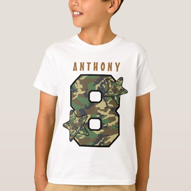 Camiseta 8.º Aniversário Boy Camo e Stars Nome Personalizad (Frente)