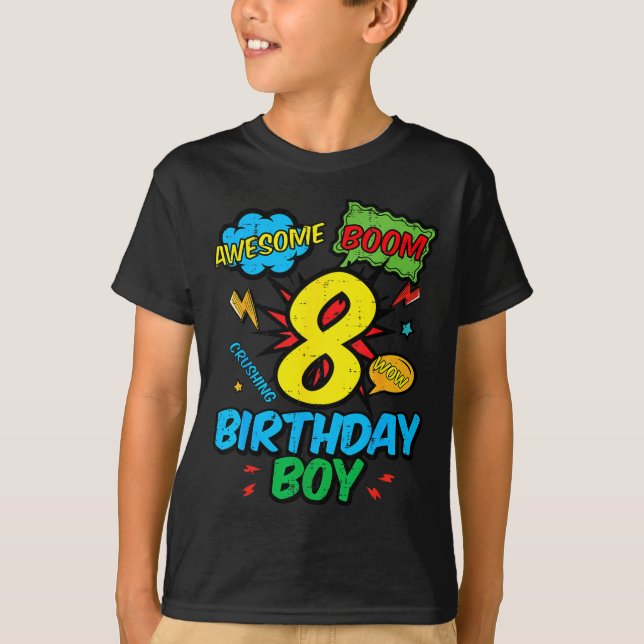 Camiseta 8 Birthday Boy Comic Cool 8th Bday Superhero Party (Frente)