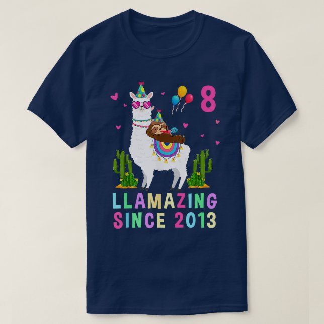 Camiseta 8 Years Old 8th Birthday Sloth Riding Llama Girls  (Frente do Design)