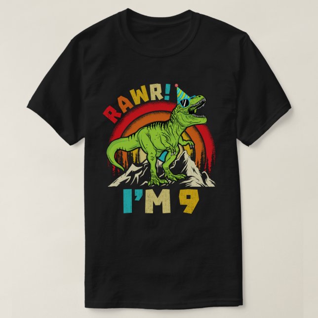 Camiseta 9º Aniversário Dinossauro T Rex Rawr Eu sou 9 Para (Frente do Design)