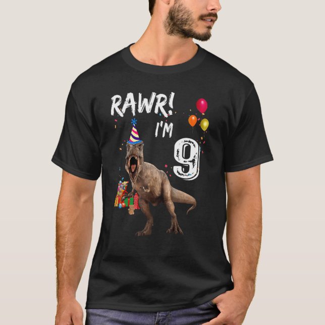 Camiseta 9 anos Rex Dinossaur 9.º Aniversário (Frente)