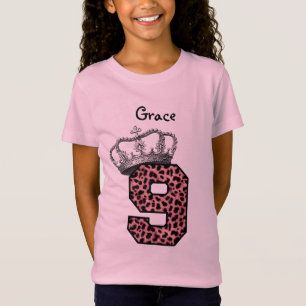 Camiseta 9o Princesa Coroa e leopardo cor-de-rosa V08 do