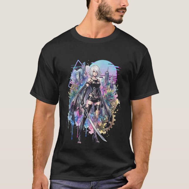 Camiseta A2 NieR Automata Cabelo Branco Prateado Comprido D (Frente)
