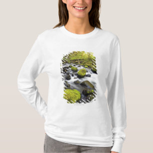 Camiseta A água que flui pelo musgo cobriu rochas em um