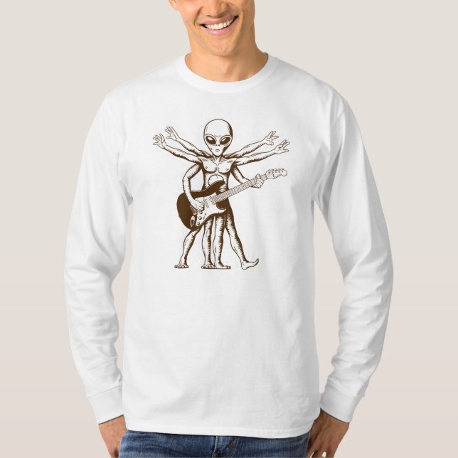 Camiseta A alienígena tocando violão elétrico. (Frente)
