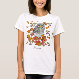 Camiseta A aquarela cai em lindas corujas e folhas