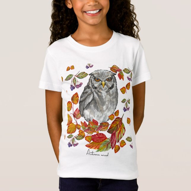 Camiseta A aquarela cai em lindas corujas e folhas (Frente)