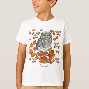 Camiseta A aquarela cai em lindas corujas e folhas