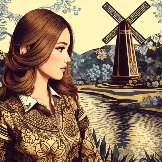 Camiseta A Arte da Floresta Colorida Batik Balinesa - (Retro Bali Batik Girl Exploring The Dutch Windmill)