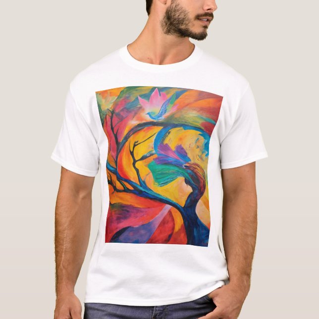 Camiseta A Árvore Mística e o Pássaro Colorido (Frente)