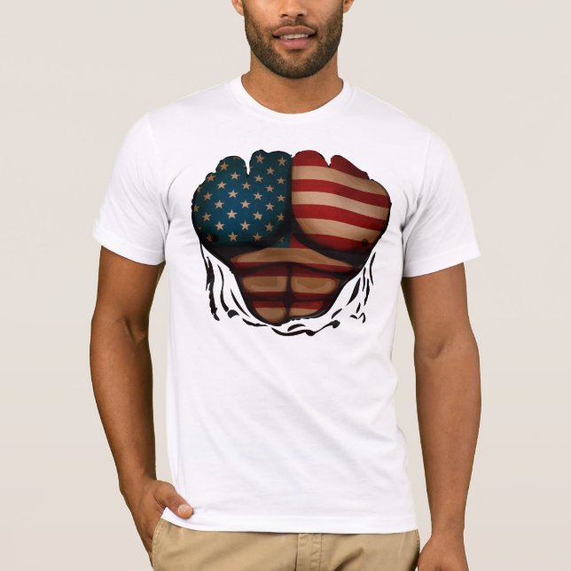 Camiseta A bandeira de América Muscles patriótico engraçado (Frente)