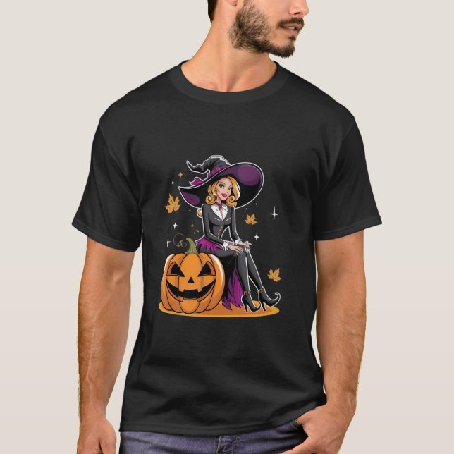 Camiseta A Bruxa Na moda com Sua Pumpkin (Frente)