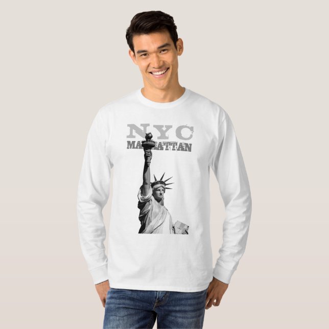 Camiseta A Capa Longa dos Homens Nyc Manhattan, Estátua da  (Frente Completa)