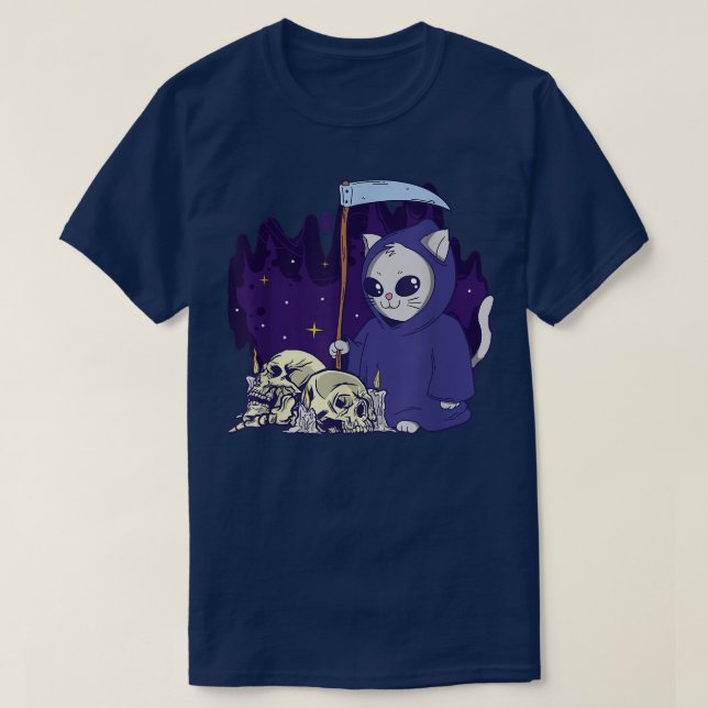 Camiseta A Cat Reaper Duty Encerrou o Skeleton Grim Reaper  (Frente do Design)