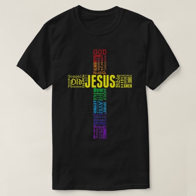 Camiseta A Cruz de Jesus Cristo, Rainbow Word Cloud Prem (Frente do Design)