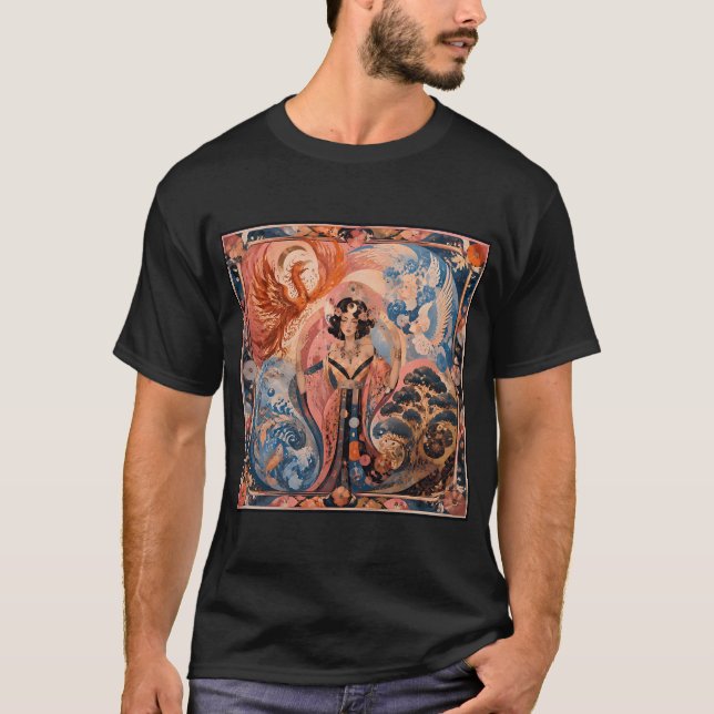 Camiseta A Deusa dos Quatro Elementos - Fênix, Peixe,  (Frente)