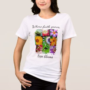 Camiseta A Fé Cristã Cresce Colagem de Flores Esperança Flo
