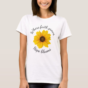 Camiseta A Fé Cristã Cresce Flor Amarela Esperança Floresce