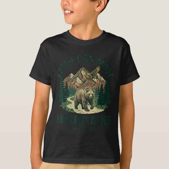 Camiseta A fé move montanhas pôr do sol retrô versículo bíb (Frente)