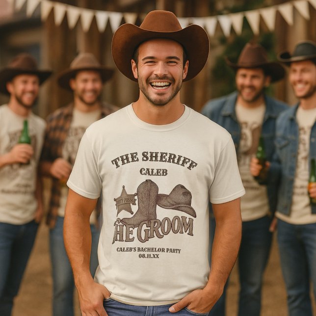 Camiseta A Festa de Solteiro do Xerife Cowboy Divertido e F (Criador carregado)