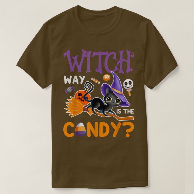 Camiseta A Forma Da Bruxa É O Gato Negro De Bruxa Doce (Frente do Design)