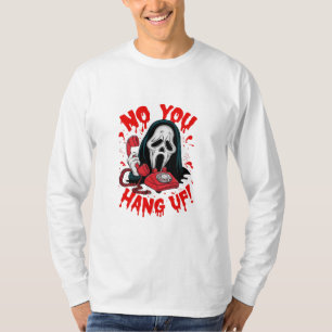 Camiseta a franquia _Gritar_ que segura um telefone vermelh