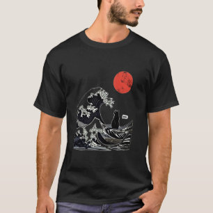 Camiseta A Grande Onda Kanagawa Gato Japonês Divertido de S