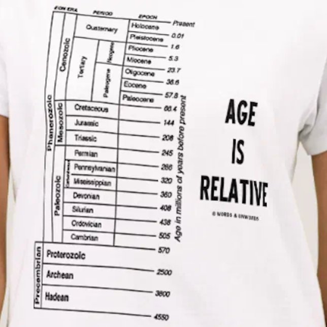 Camiseta A idade é relativa (o humor do tempo Geological) (Geological time attitude tee featuring eons, epochs, periods & scientific advice "Age Is Relative")