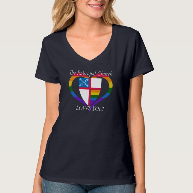 Camiseta A Igreja Episcopal Te Ama! ORGULHO LGBTQ (Frente)