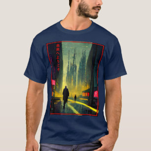 Camiseta A Man Walks Cyberpunk City Japanese Text Futuristi