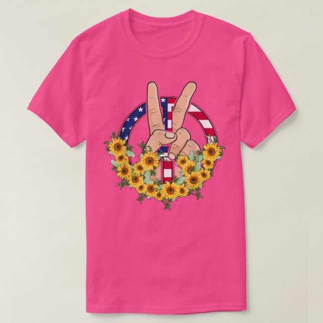 Camiseta A Mão Da Paz Em Paz Bandeira Americana De Girassol (Frente do Design)