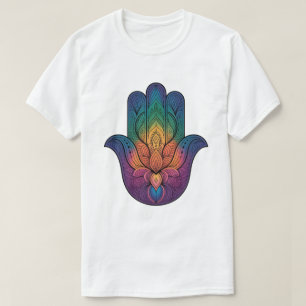 Camiseta a mão Hamsa do arco-íris