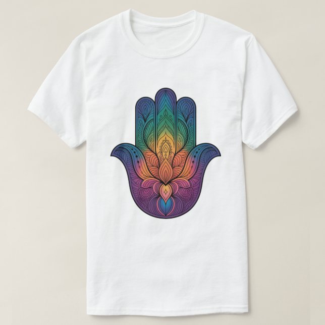 Camiseta a mão Hamsa do arco-íris (Frente do Design)