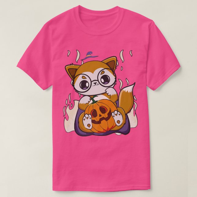 Camiseta A Raposa De Anime Bonita Mantém Kawaii Pumpkin Par (Frente do Design)