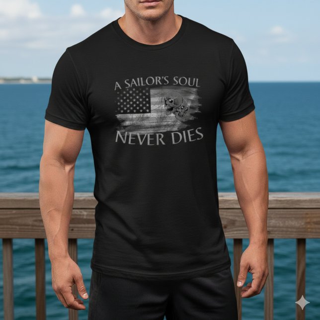 Camiseta A Sailor's Soul Never Dies American Flag Skull Tee (Criador carregado)