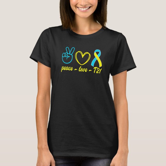Camiseta A Síndrome de Fita Azul Amarelo do Peace Love T21  (Frente)