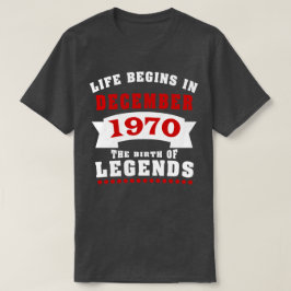 Camiseta A vida começa o aniversário do dezembro de 1970