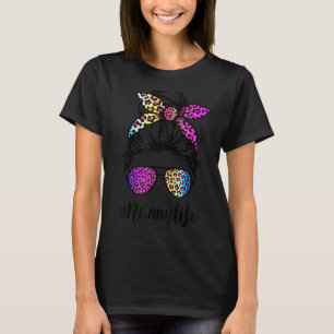 Camiseta A vida da babá com o Rainbow Leopard Messy Bun Mãe