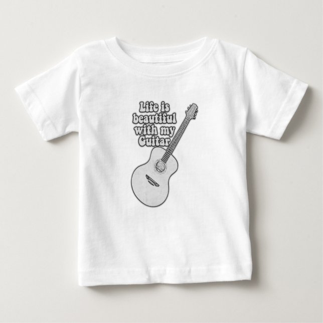 Camiseta A vida é bela com o meu violão. preto e branco (Frente)